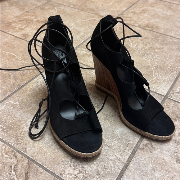 Tory Burch Black Suede Leather Lace Up Tie Tan Wedge Sandal Heels 9.5 - Picture 5 of 14